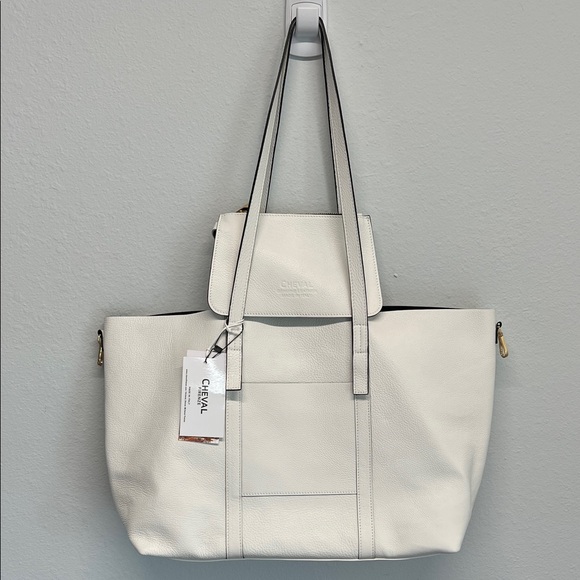 Cheval Firenze | White Leather Tote w/Matching Mini Bag - Picture 1 of 12